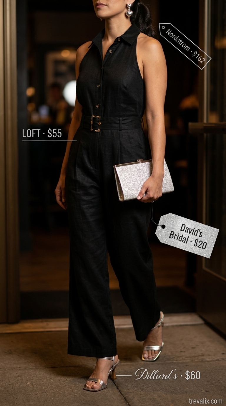 Elegant summer linen jumpsuit for women 2026: black halter jumpsuit, silver heeled sandals, sparkling clutch for parties.