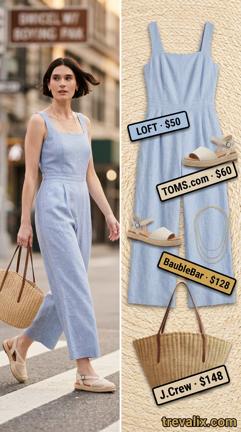 Elegant summer linen jumpsuits for women 2026: Sky blue wide-leg jumpsuit with espadrilles and straw tote for a chic day out.