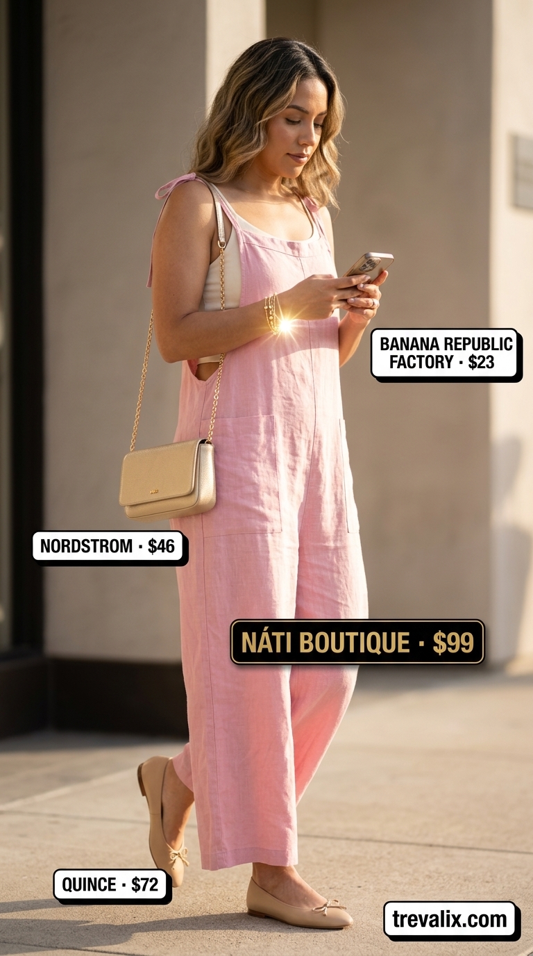 Elegant summer linen jumpsuit for women 2026: blush pink square-neck jumpsuit, ballet flats, gold bracelet for brunch.