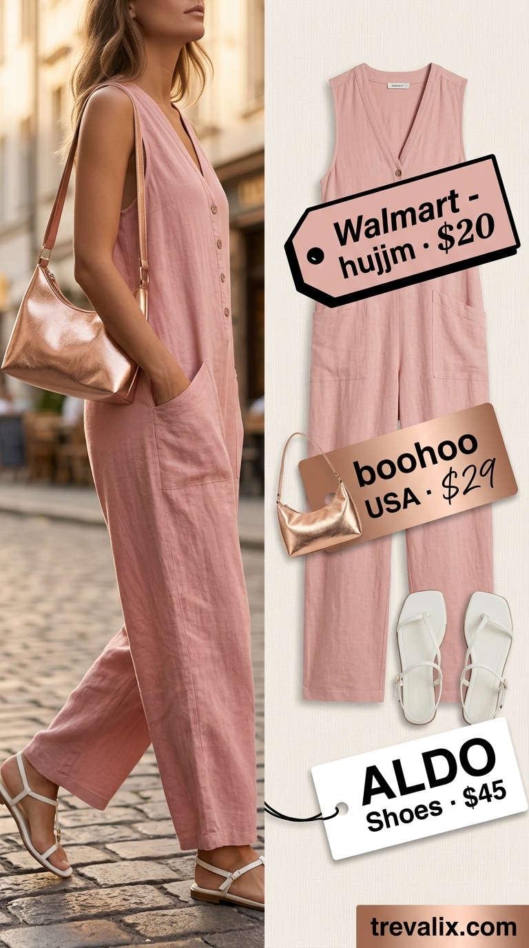 Elegant summer linen jumpsuit for women 2026: soft blush pink wide-leg jumpsuit, rose gold accessories, white sandals.