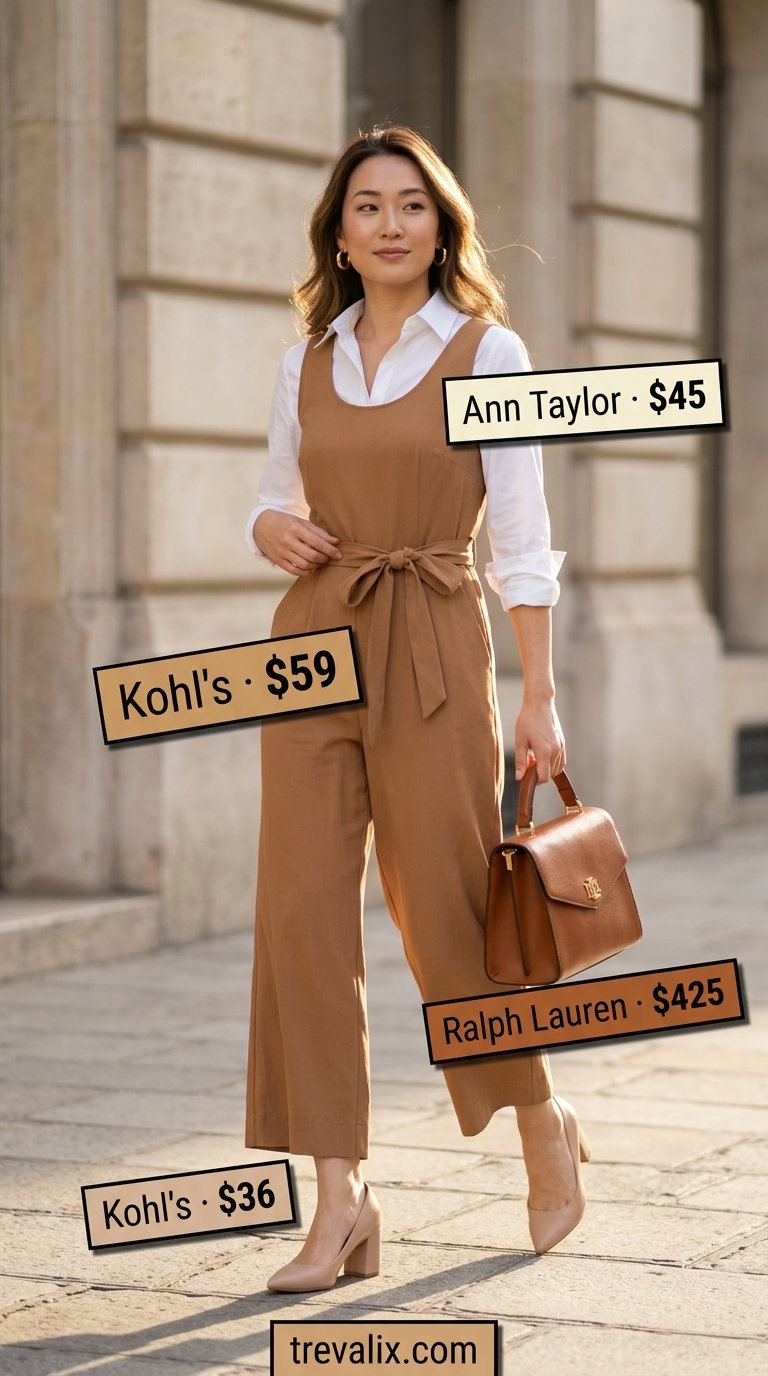 Elegant summer linen jumpsuit for women 2026: camel jumpsuit layered with white shirt, nude heels, tan satchel.