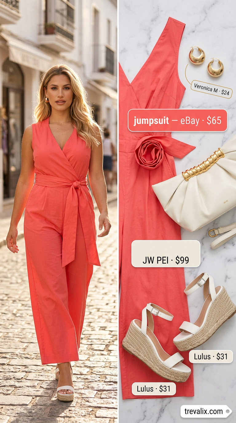 Elegant summer linen jumpsuit for women 2026: vibrant coral wrap jumpsuit, espadrilles, white clutch for evening.