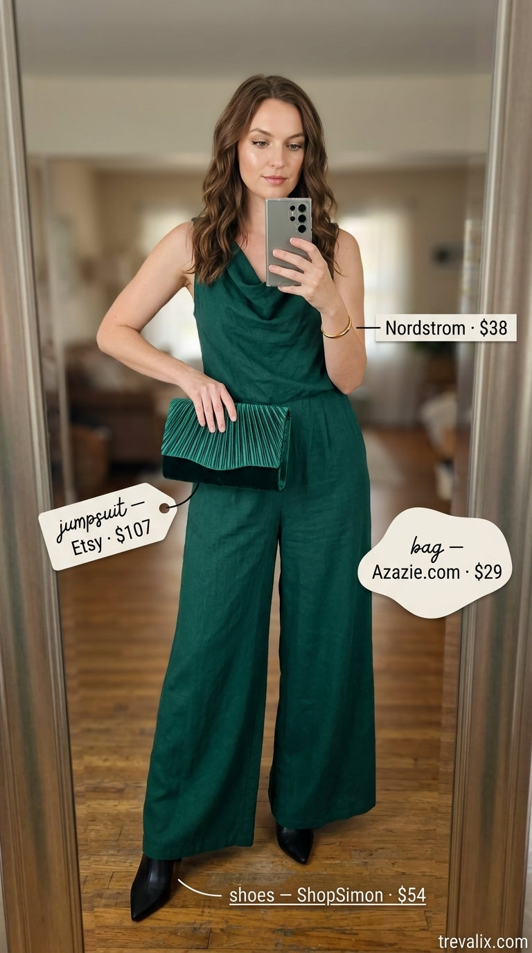 Elegant summer linen jumpsuits for women 2026: Emerald green sleeveless jumpsuit with clutch and gold bangle for a bold evening look.