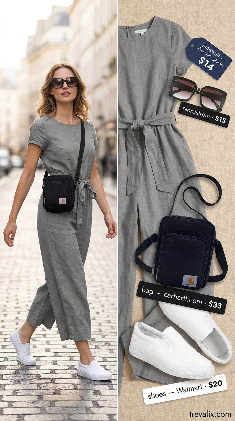 Elegant summer linen jumpsuits for women 2026: Soft grey short-sleeve jumpsuit for comfortable travel and airport outfits.