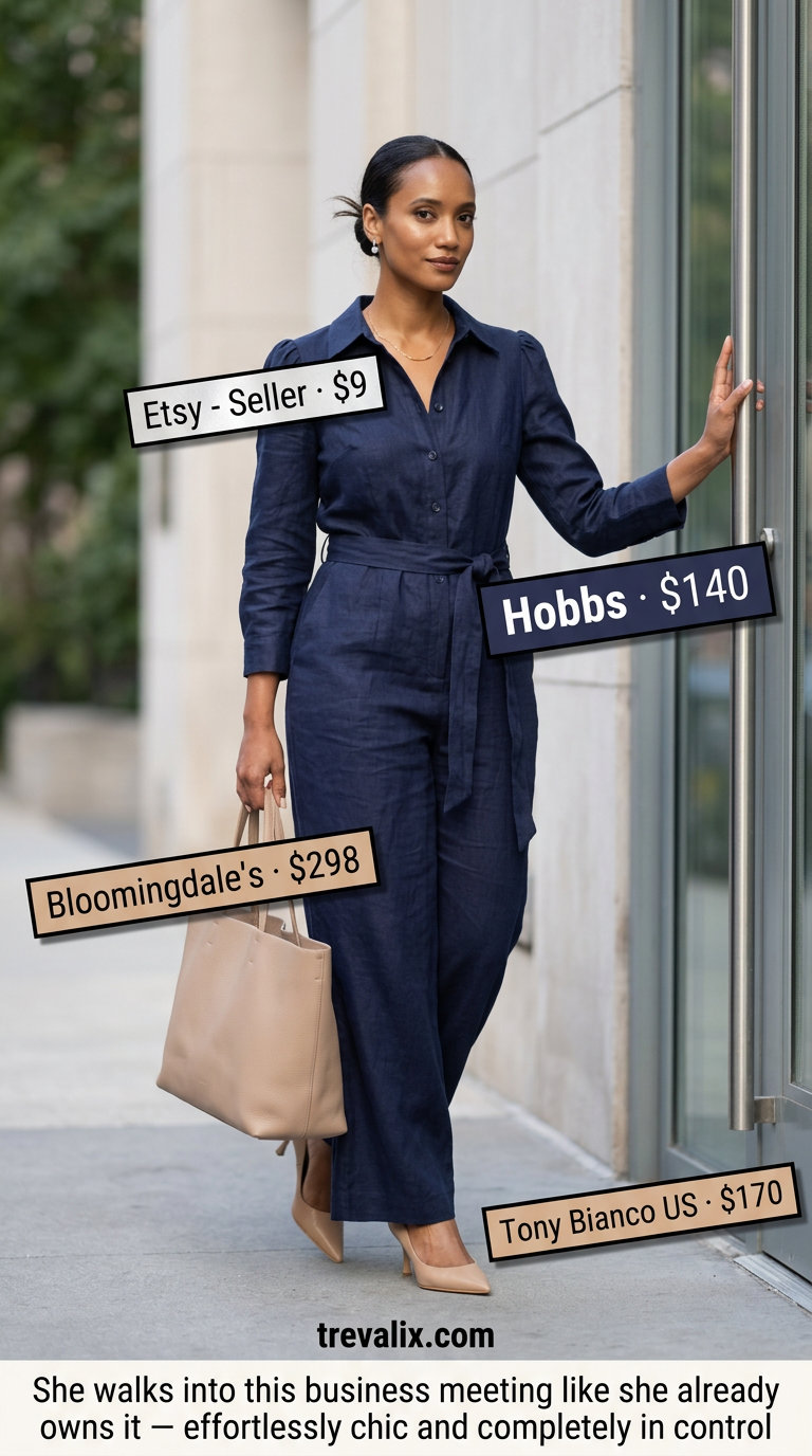 Elegant summer linen jumpsuits for women 2026: Navy blue tailored jumpsuit with heels and tote for sophisticated office wear.