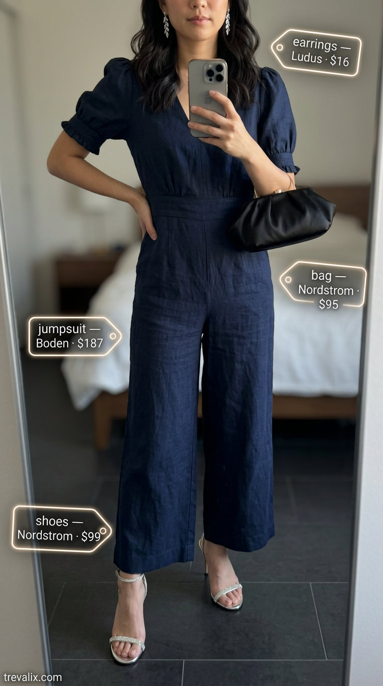 Elegant summer linen jumpsuit for women 2026: dark navy wide-leg jumpsuit, silver earrings, black clutch for weddings.