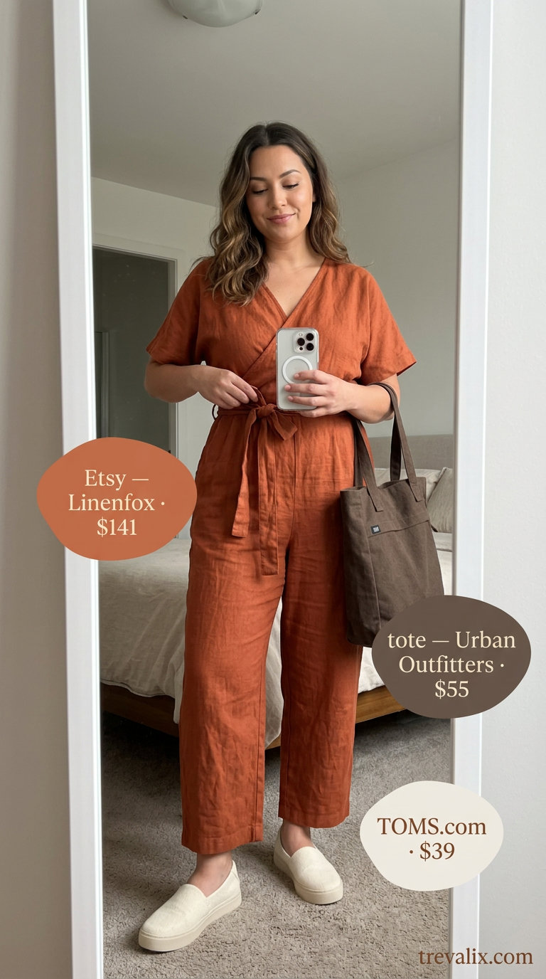 Elegant summer linen jumpsuits for women 2026: Rust orange relaxed jumpsuit with sneakers and canvas tote for casual errands.
