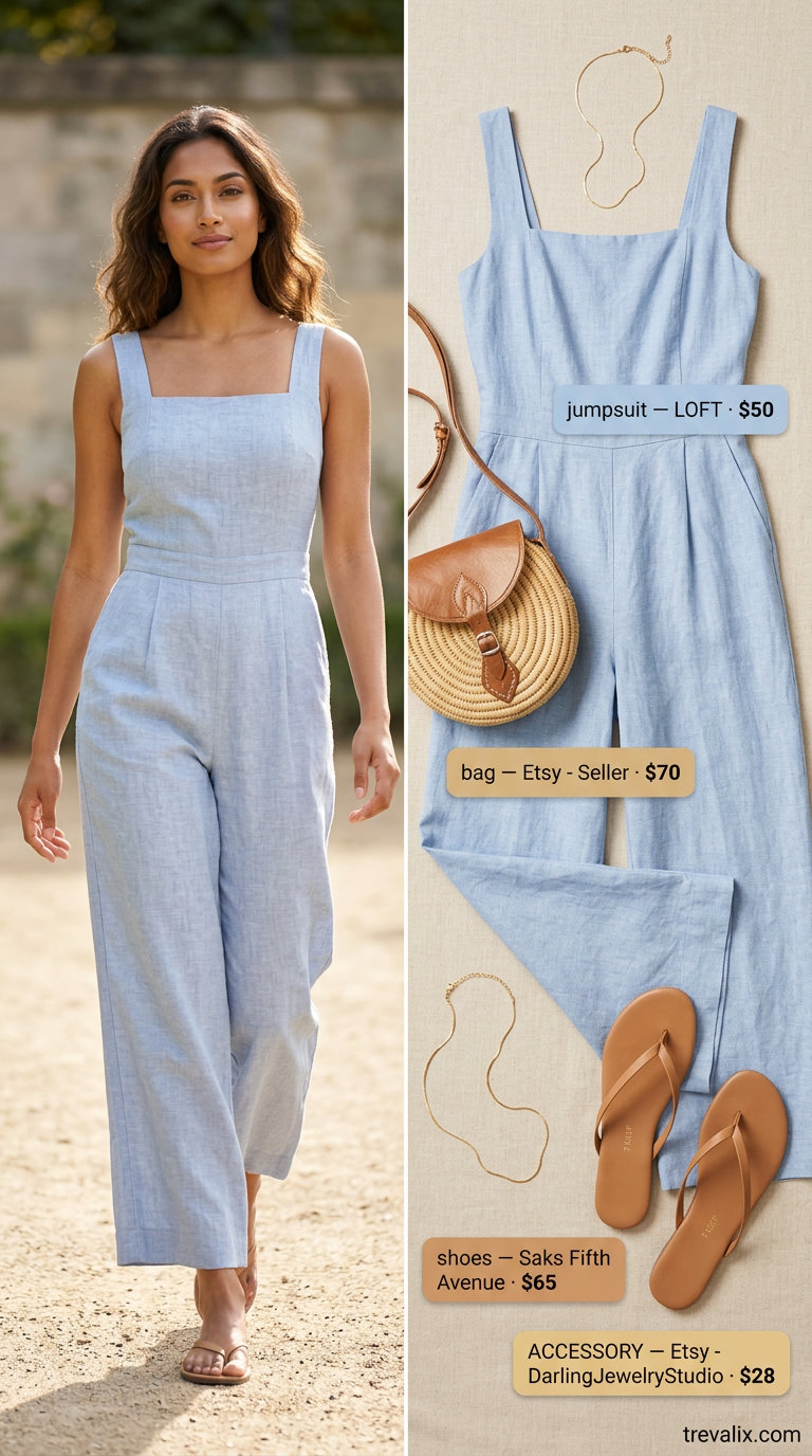 Elegant summer linen jumpsuit for women 2026: sky blue wide-leg jumpsuit, straw bag, tan sandals for coastal style.