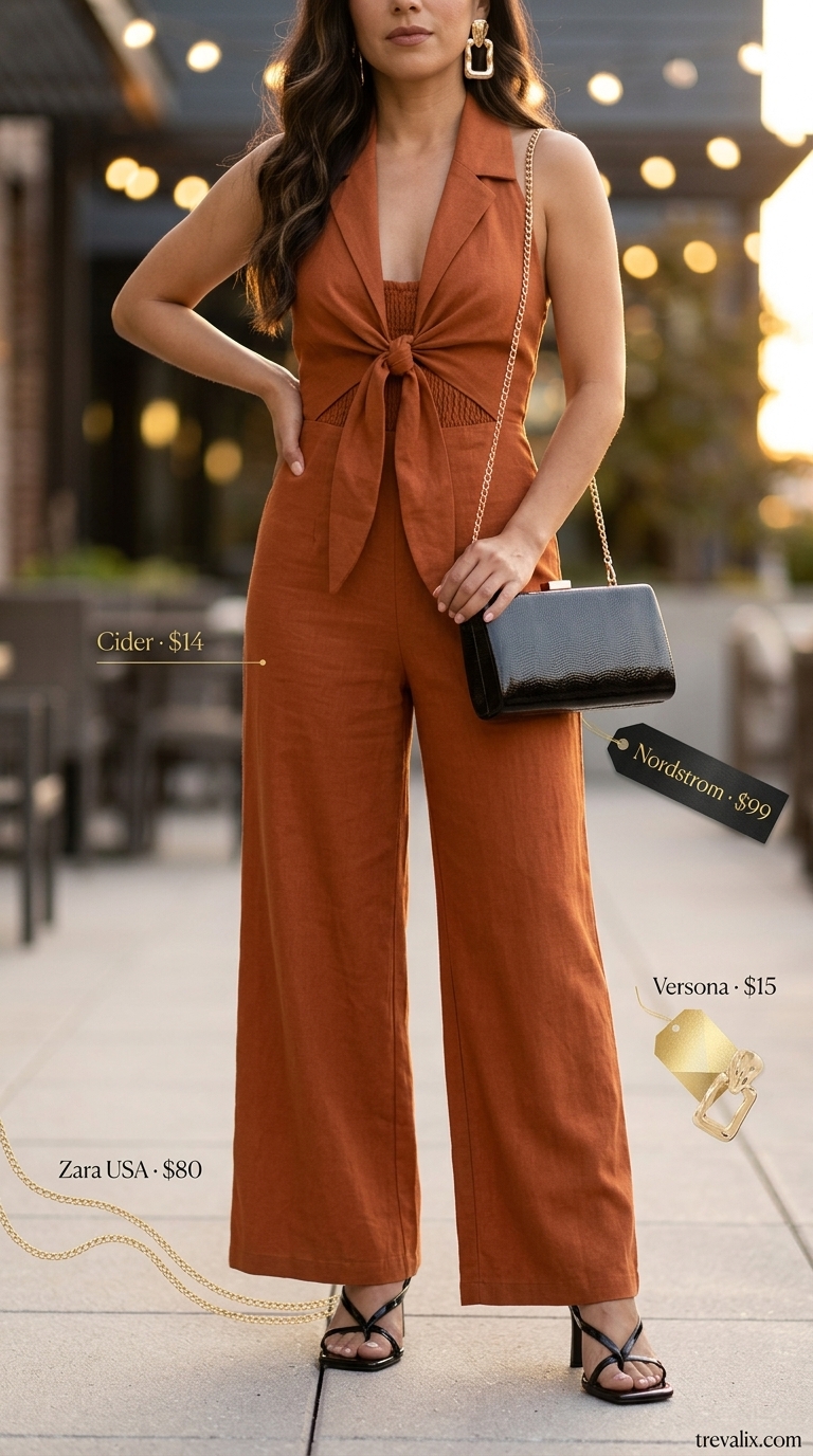 Elegant summer linen jumpsuits for women 2026: Terracotta halter jumpsuit with gold earrings and black heels for a cocktail party.