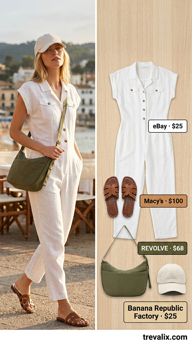 Elegant summer linen jumpsuits for women 2026: White utility jumpsuit with slides and canvas cap for coastal chic day out.