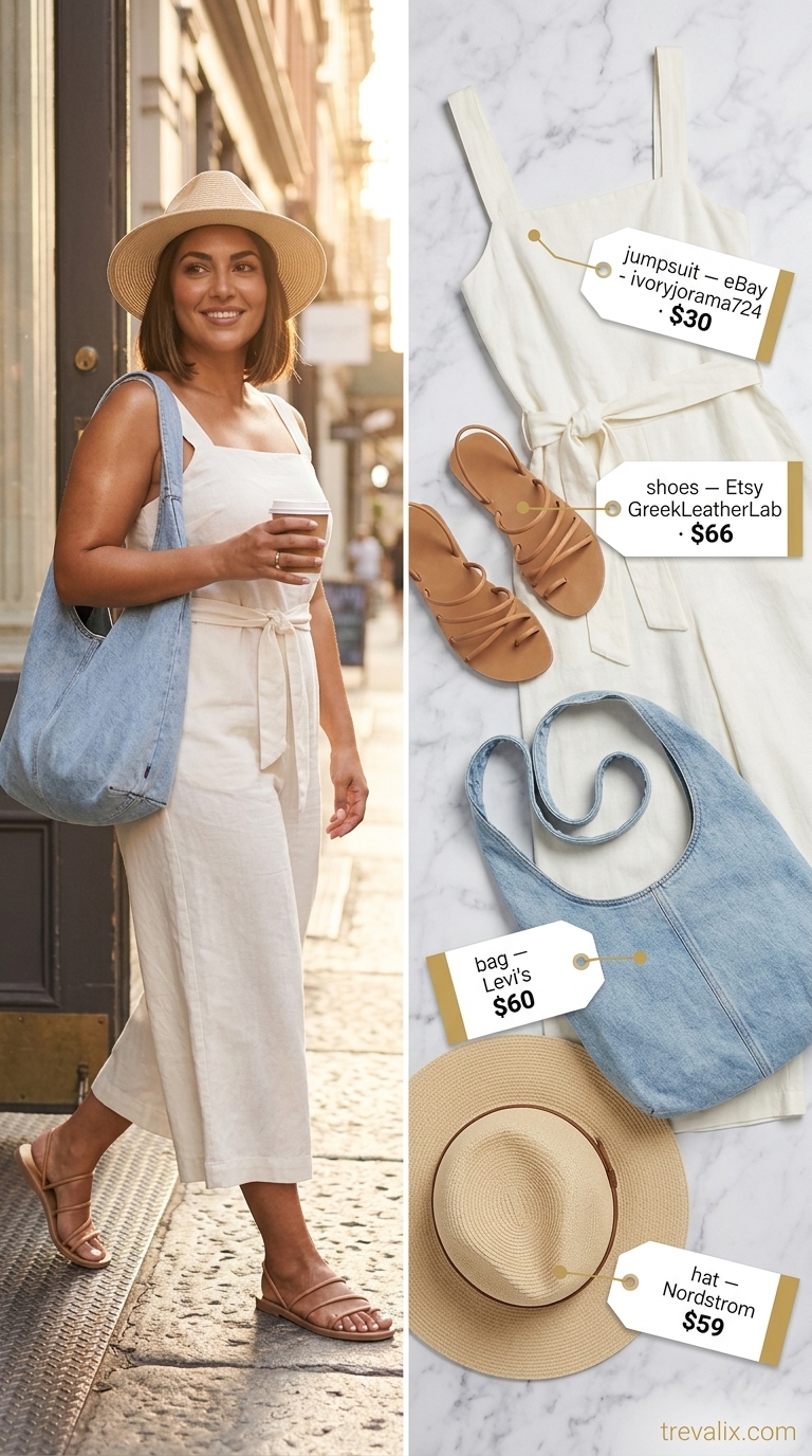 Elegant summer linen jumpsuits for women 2026: Crisp white wide-leg jumpsuit with denim crossbody and straw hat for day events.