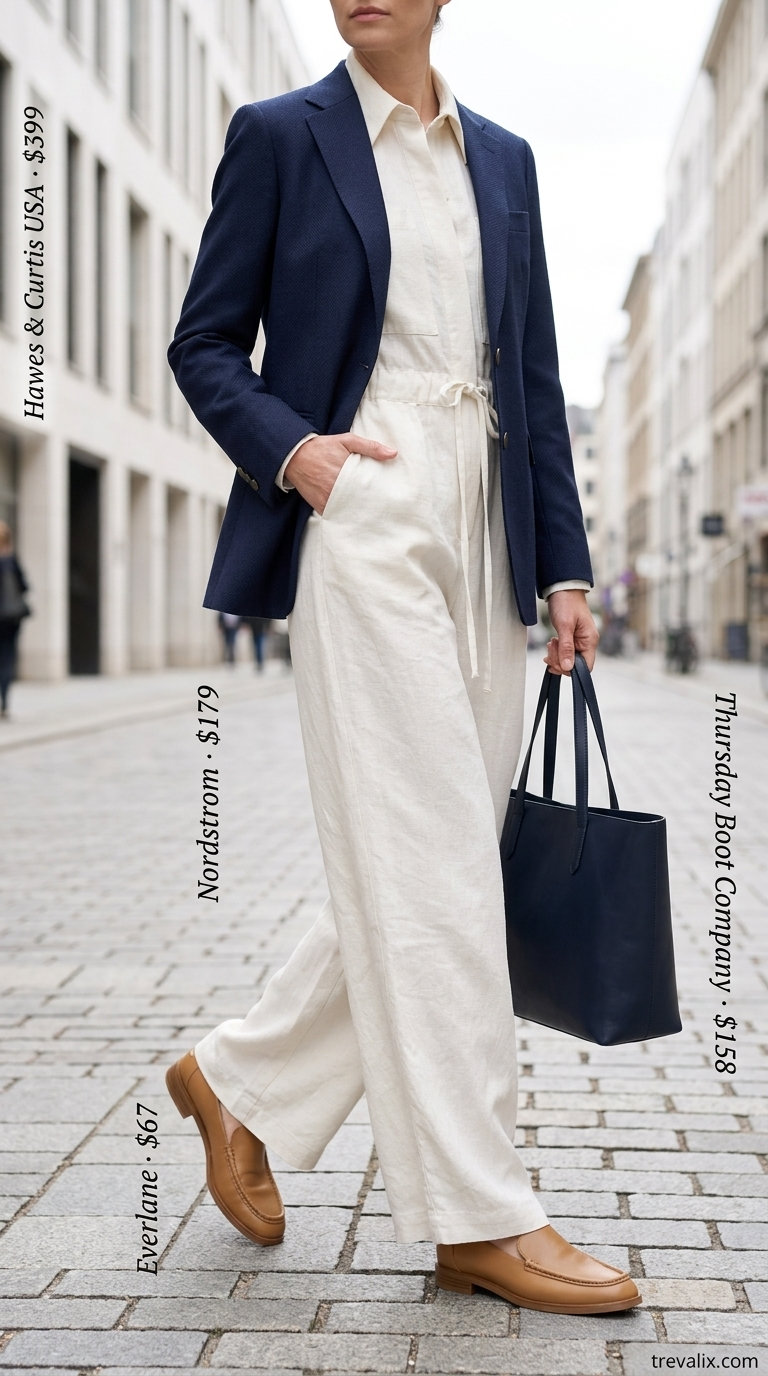 Elegant summer linen jumpsuit for women 2026: white tailored jumpsuit, navy blazer, tan loafers for office wear.