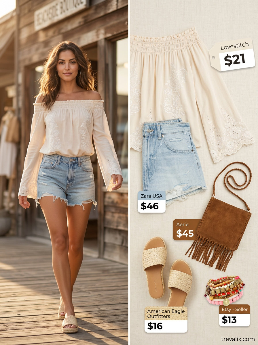 Elegant summer off-shoulder outfits for women 2026: Boho peasant blouse with denim shorts for beach day.
