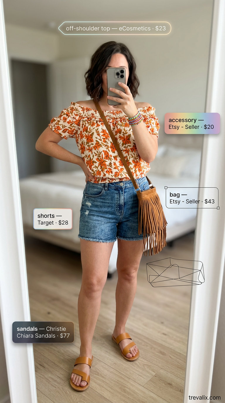 Elegant summer off-shoulder outfits for women 2026: Boho floral off-shoulder blouse with denim shorts for festivals.