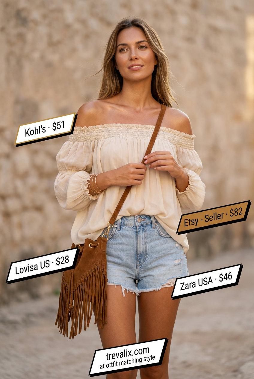 Elegant summer off-shoulder outfits for women 2026: Cream peasant top with denim shorts for boho vibes.