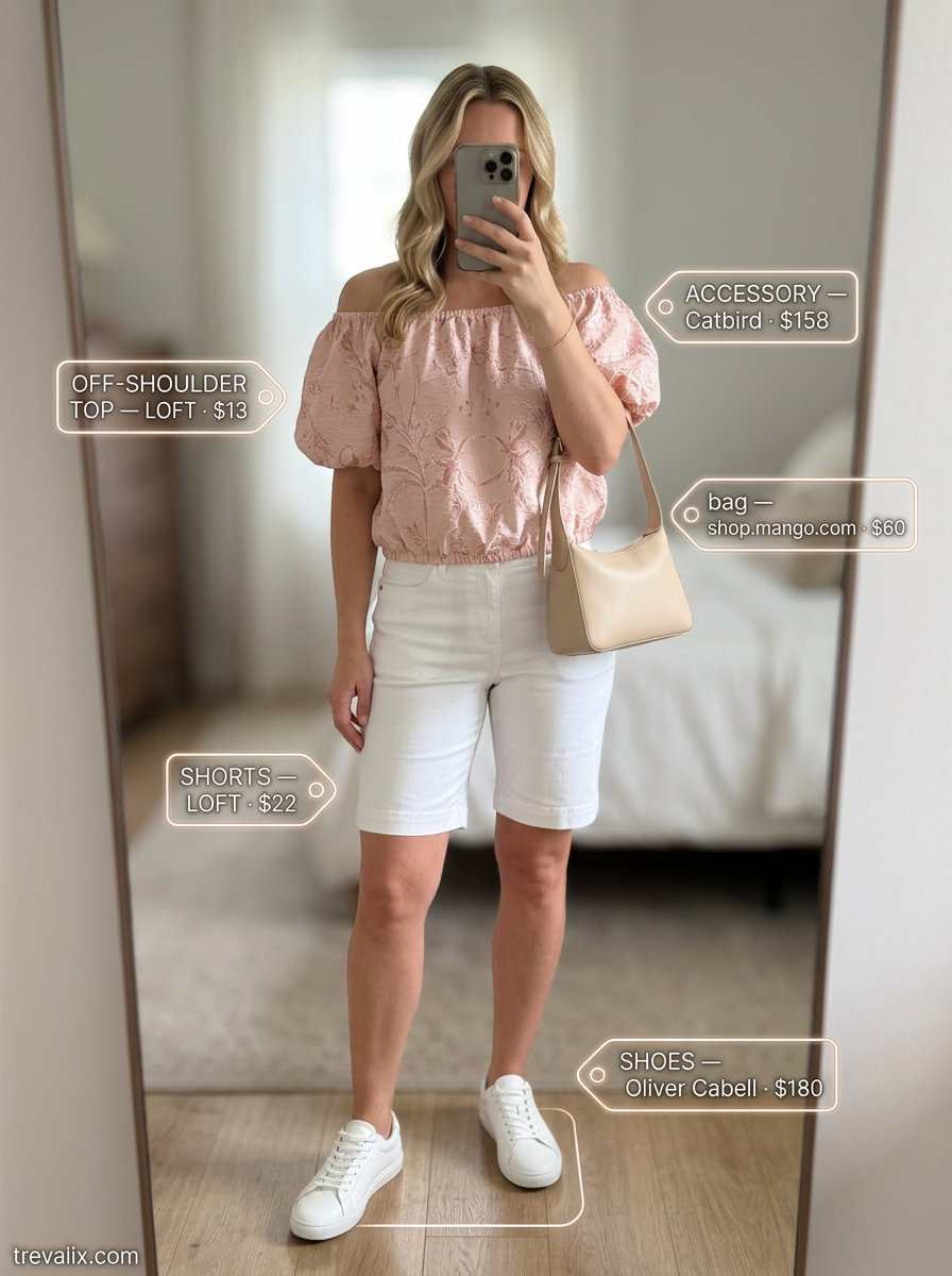 Elegant summer off-shoulder outfits for women 2026: Blush pink off-shoulder top with white Bermuda shorts for brunch.
