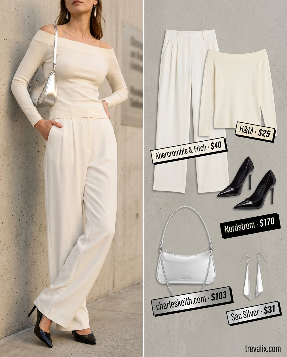 Elegant summer off-shoulder outfits for women 2026: Cream wide-leg trousers with fitted off-shoulder top for city evenings.