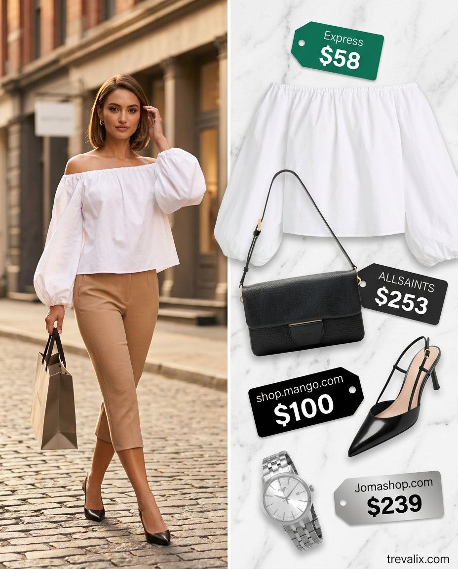 Elegant summer off-shoulder outfits for women 2026: White top with navy wide-leg trousers for city exploration.