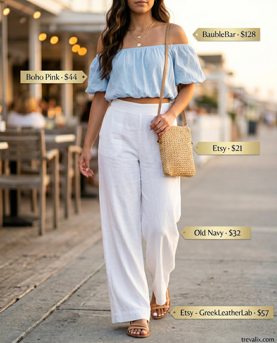 Elegant summer off-shoulder outfits for women 2026: Sky blue top with white linen pants for coastal chic.