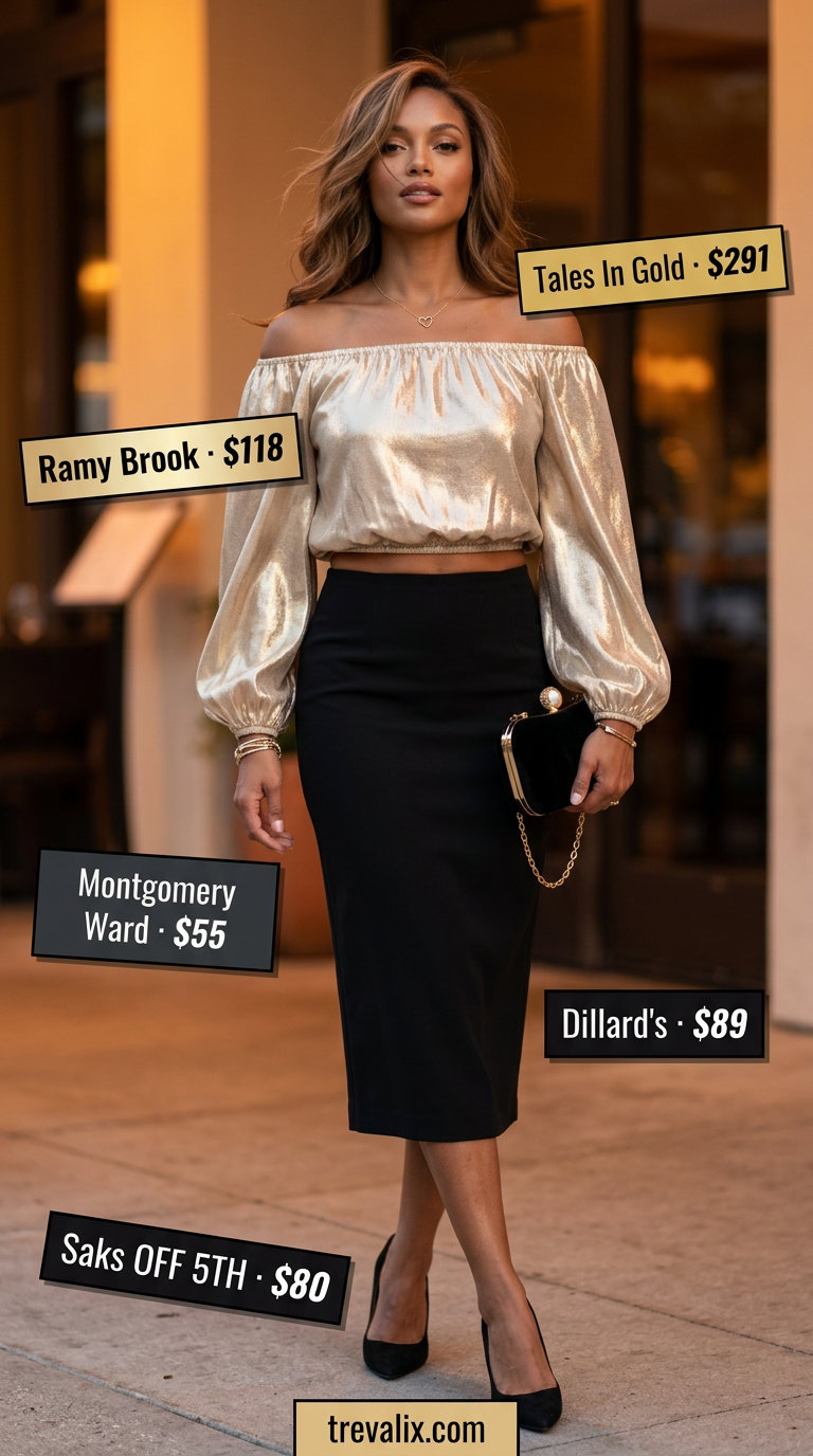 Elegant summer off-shoulder outfits for women 2026: Champagne satin off-shoulder blouse with black pencil skirt for date night.