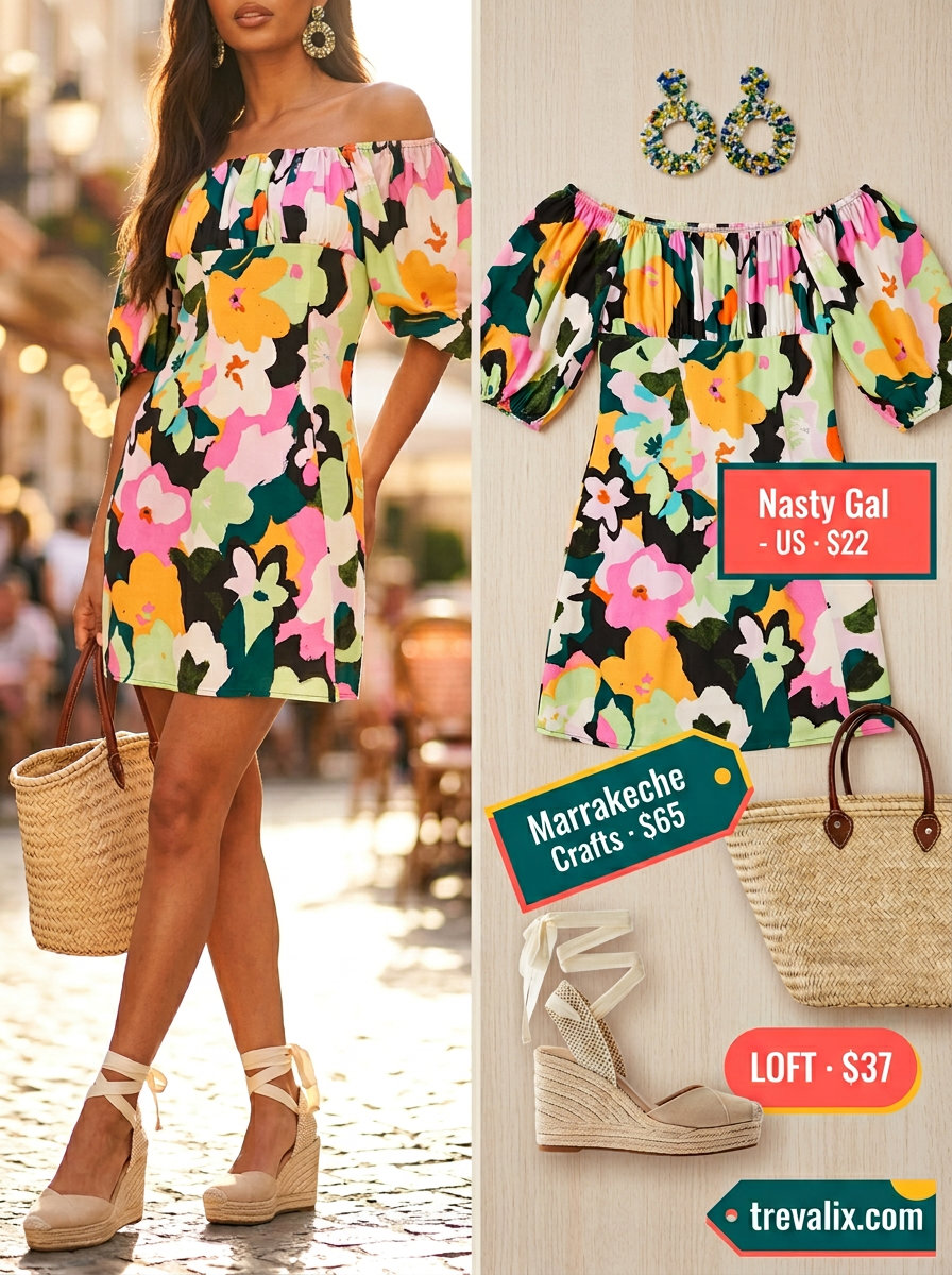 Elegant summer off-shoulder outfits for women 2026: Floral mini dress with espadrilles for a summer festival.