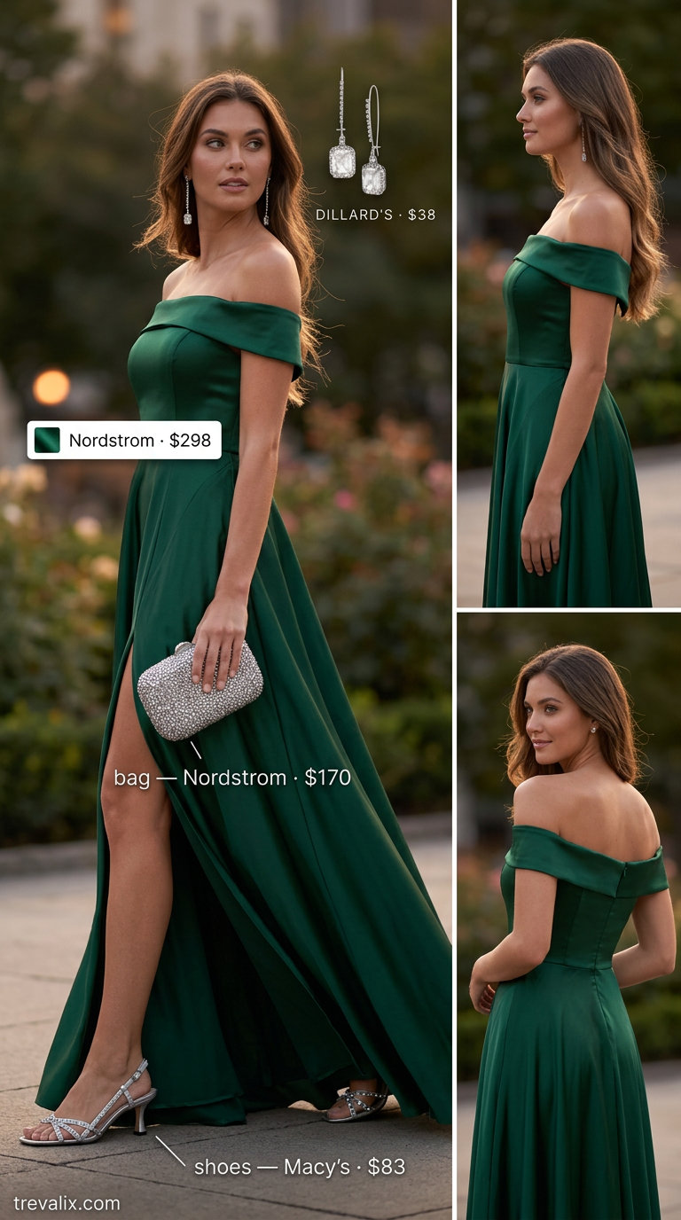 Elegant summer off-shoulder outfits for women 2026: Emerald green off-shoulder gown for formal gala.