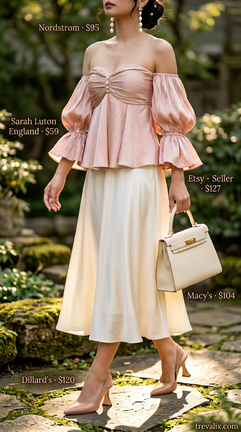 Elegant summer off-shoulder outfits for women 2026: Blush pink off-shoulder blouse with ivory midi skirt for garden parties.