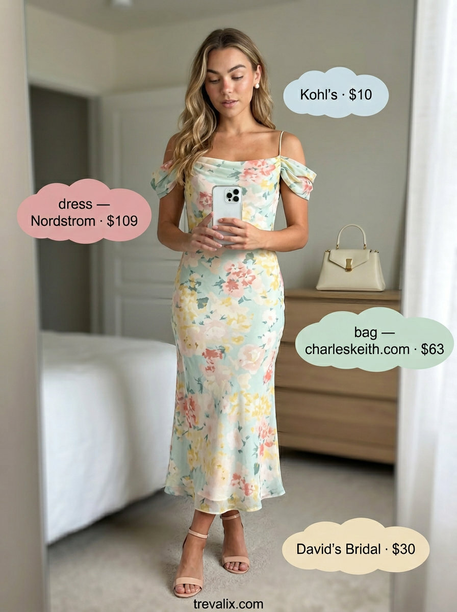 Elegant summer off-shoulder outfits for women 2026: Floral off-shoulder dress for garden party.