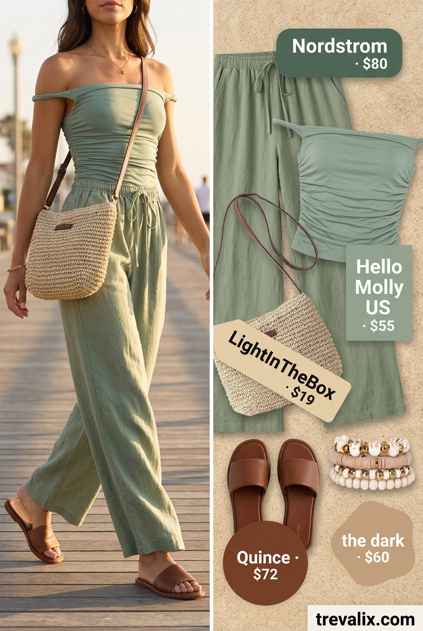 Elegant summer off-shoulder outfits for women 2026: Sage green linen off-shoulder crop top with wide-leg pants.