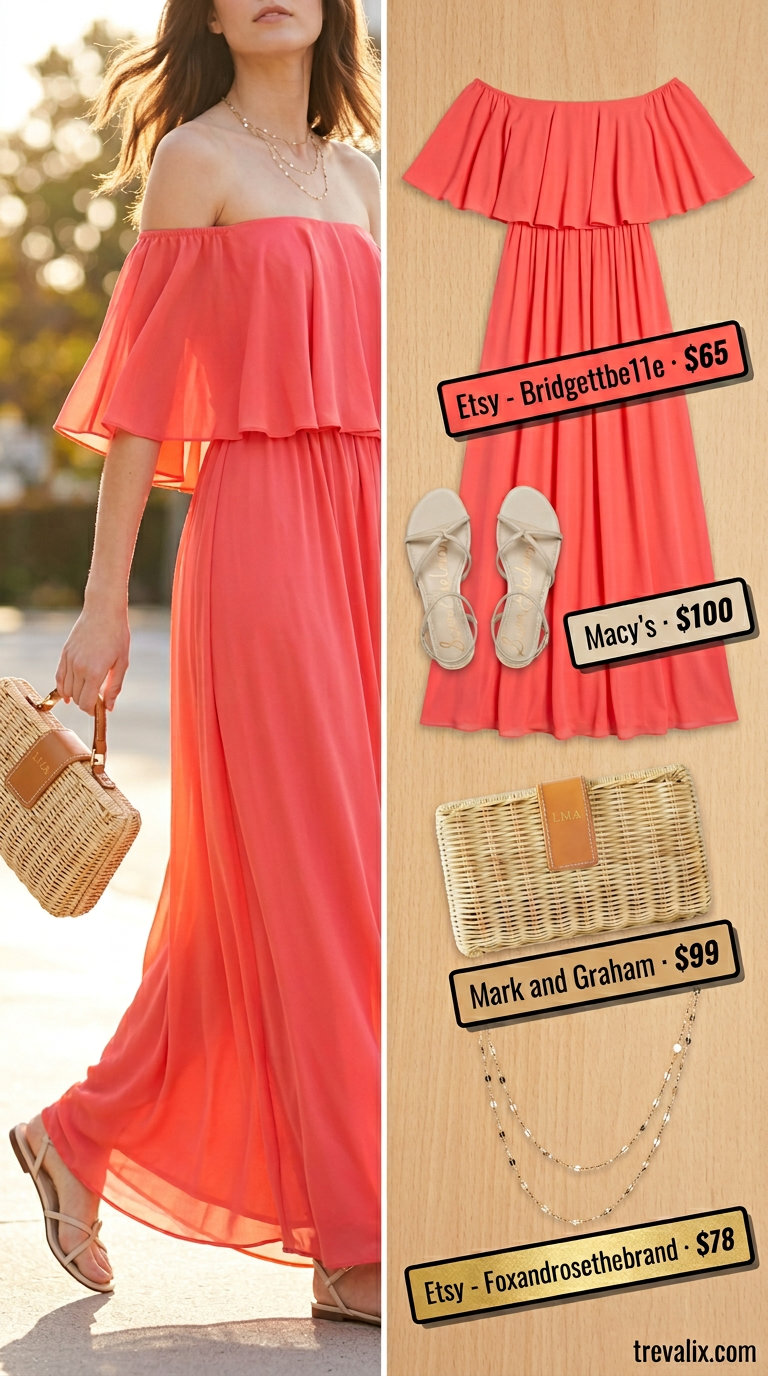 Elegant summer off-shoulder outfits for women 2026: Coral off-shoulder maxi dress with flat sandals for summer evenings.