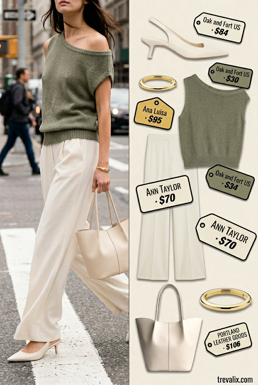 Elegant summer off-shoulder outfits for women 2026: Cream knit top with ivory wide-leg pants for a minimalist chic event.