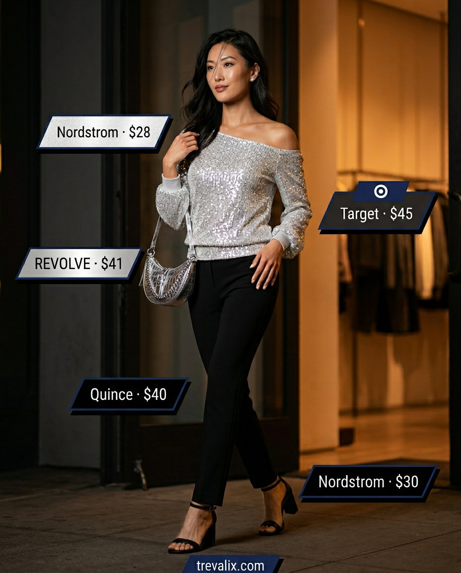 Elegant summer off-shoulder outfits for women 2026: Sequin top with black trousers for a glamorous night out.