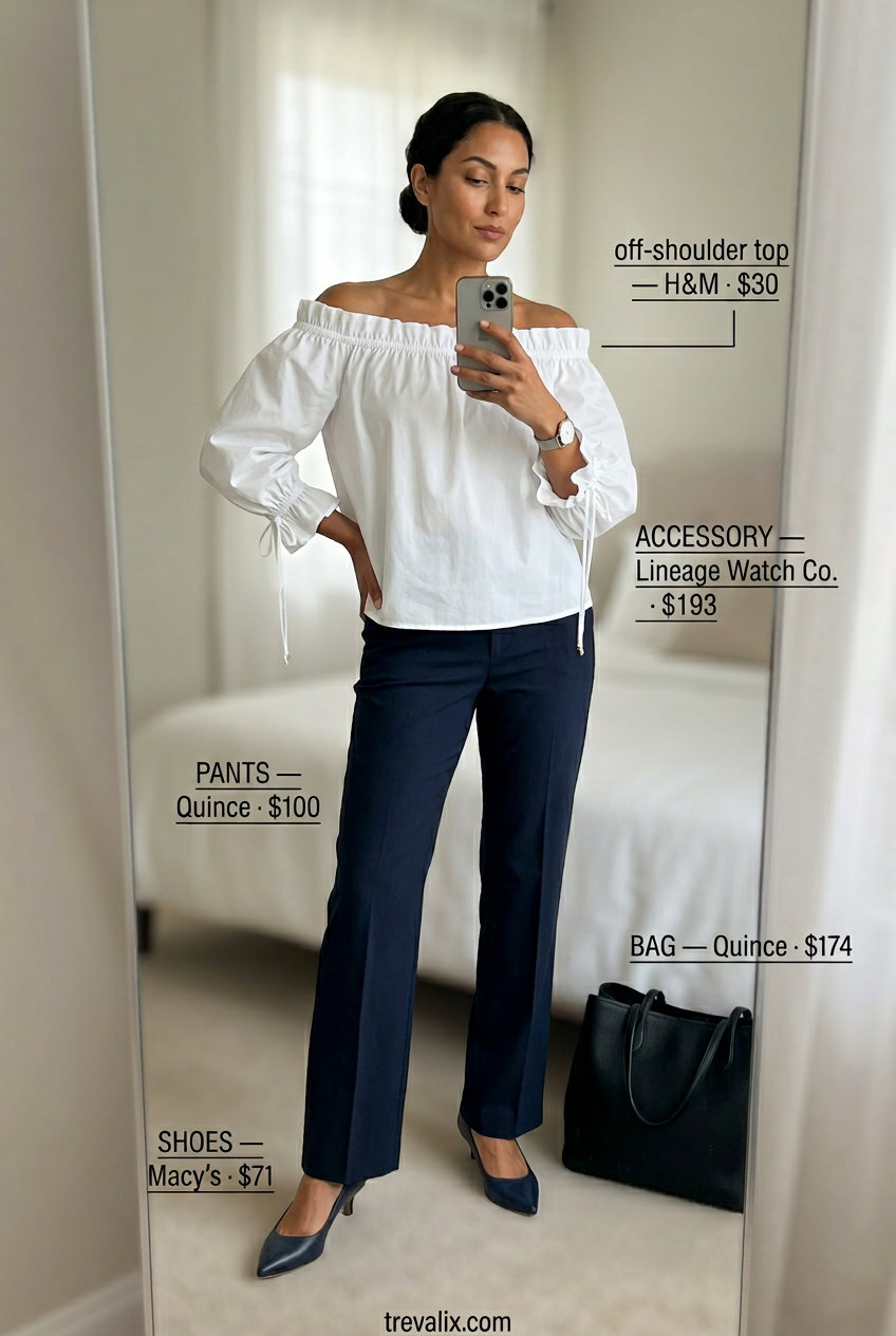 Elegant summer off-shoulder outfits for women 2026: White blouse with navy trousers for office casual.