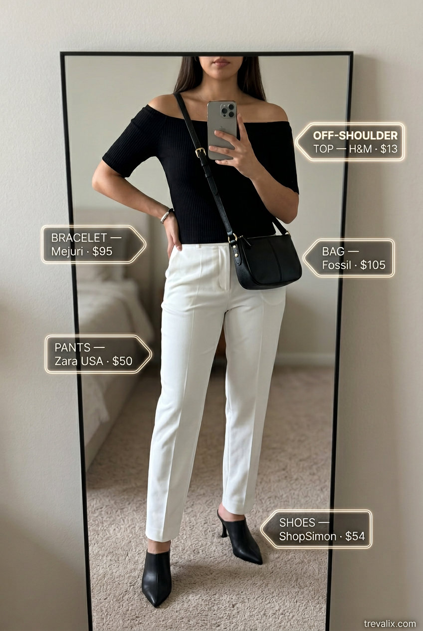 Elegant summer off-shoulder outfits for women 2026: Black off-shoulder top with white trousers for city exploration.