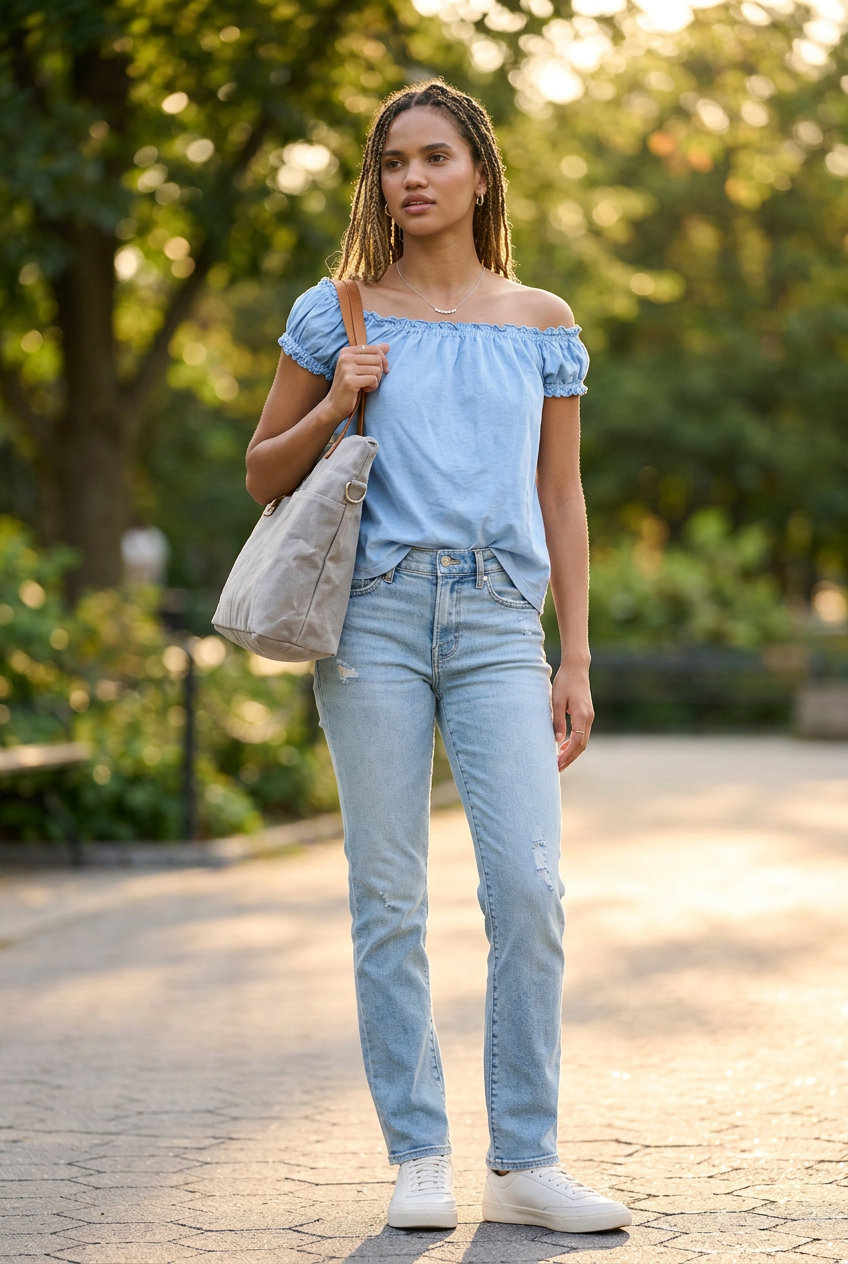 Elegant summer off-shoulder outfits for women 2026: Light blue off-shoulder top, white sneakers, and denim for casual errands.