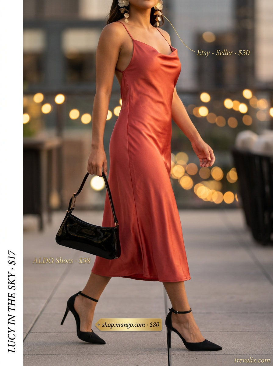 Elegant summer off-shoulder outfits for women 2026: Coral slip dress with gold accessories for date night.