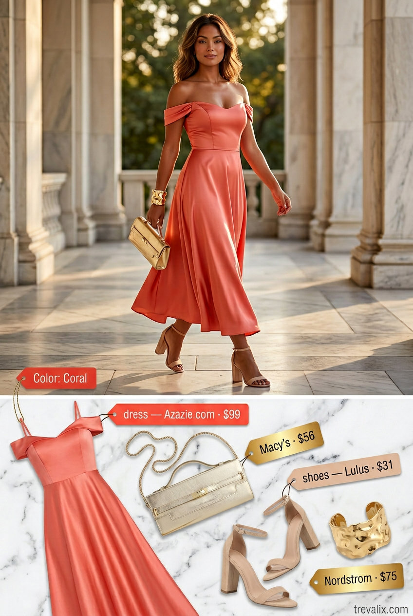 Elegant summer off-shoulder outfits for women 2026: Coral wrap dress with nude heels for a wedding guest.