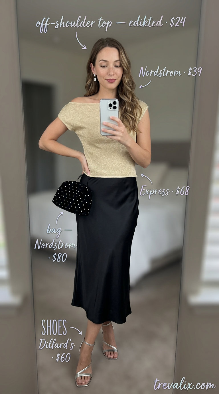 Elegant summer off-shoulder outfits for women 2026: Gold off-shoulder top with black skirt for a gala.