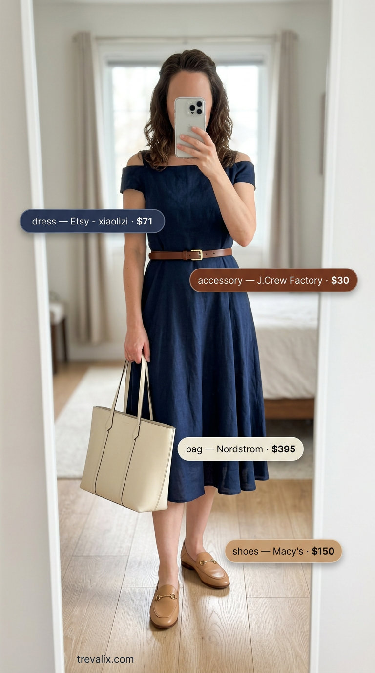 Elegant summer off-shoulder outfits for women 2026: Navy off-shoulder midi dress with tan loafers for smart casual.