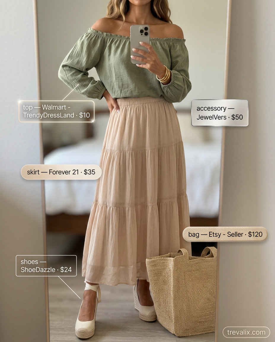 Elegant summer off-shoulder outfits for women 2026: Olive green off-shoulder top with a tiered maxi skirt for vacation.