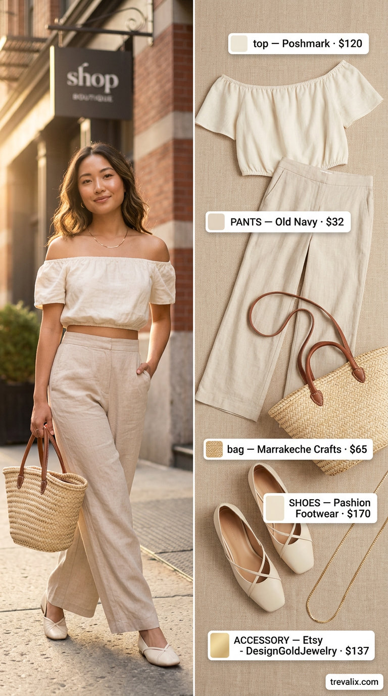 Elegant summer off-shoulder outfits for women 2026: Sand linen set with ivory sandals for coastal vibes.
