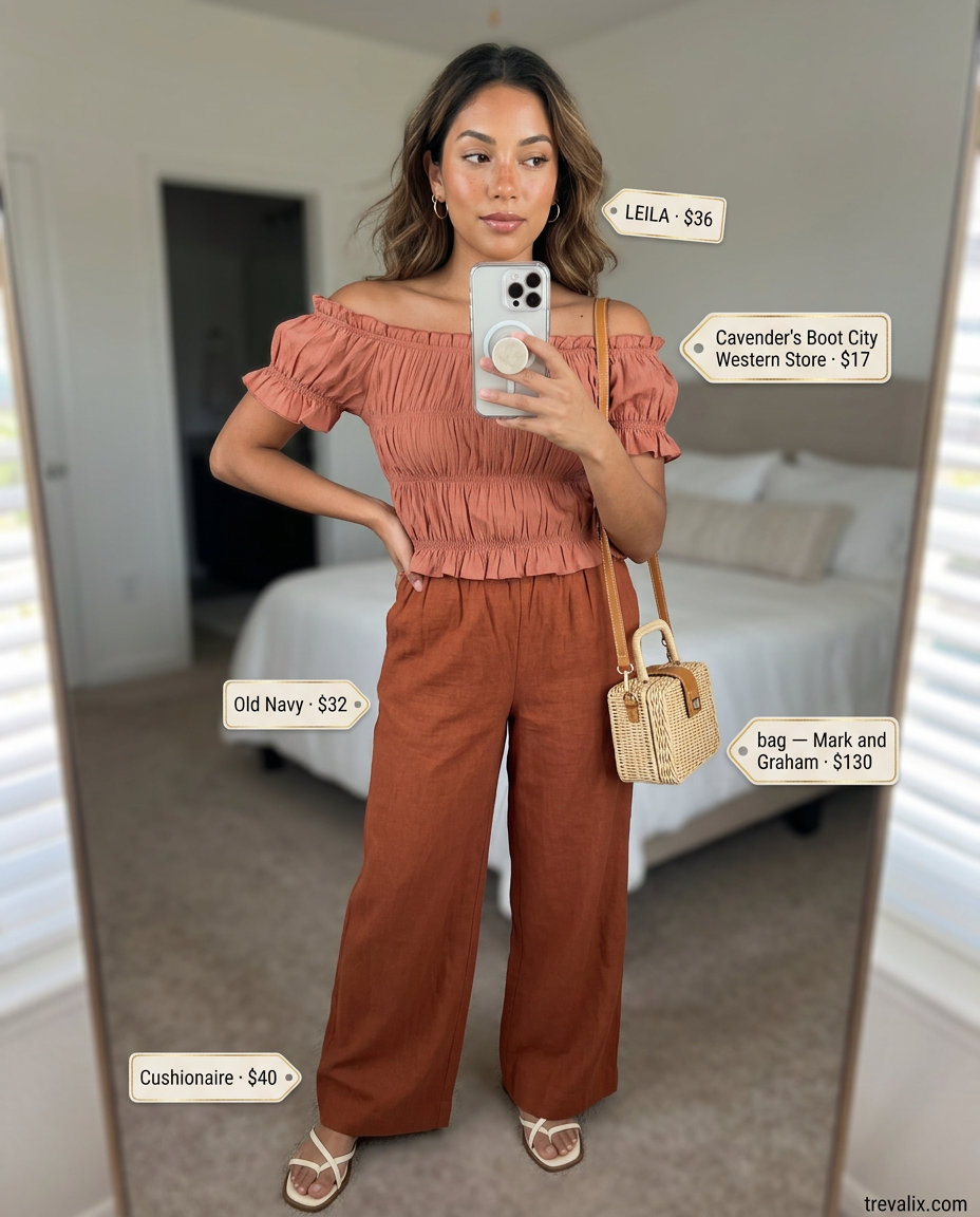 Elegant summer off-shoulder outfits for women 2026: Terracotta off-shoulder top and pants for resort wear.