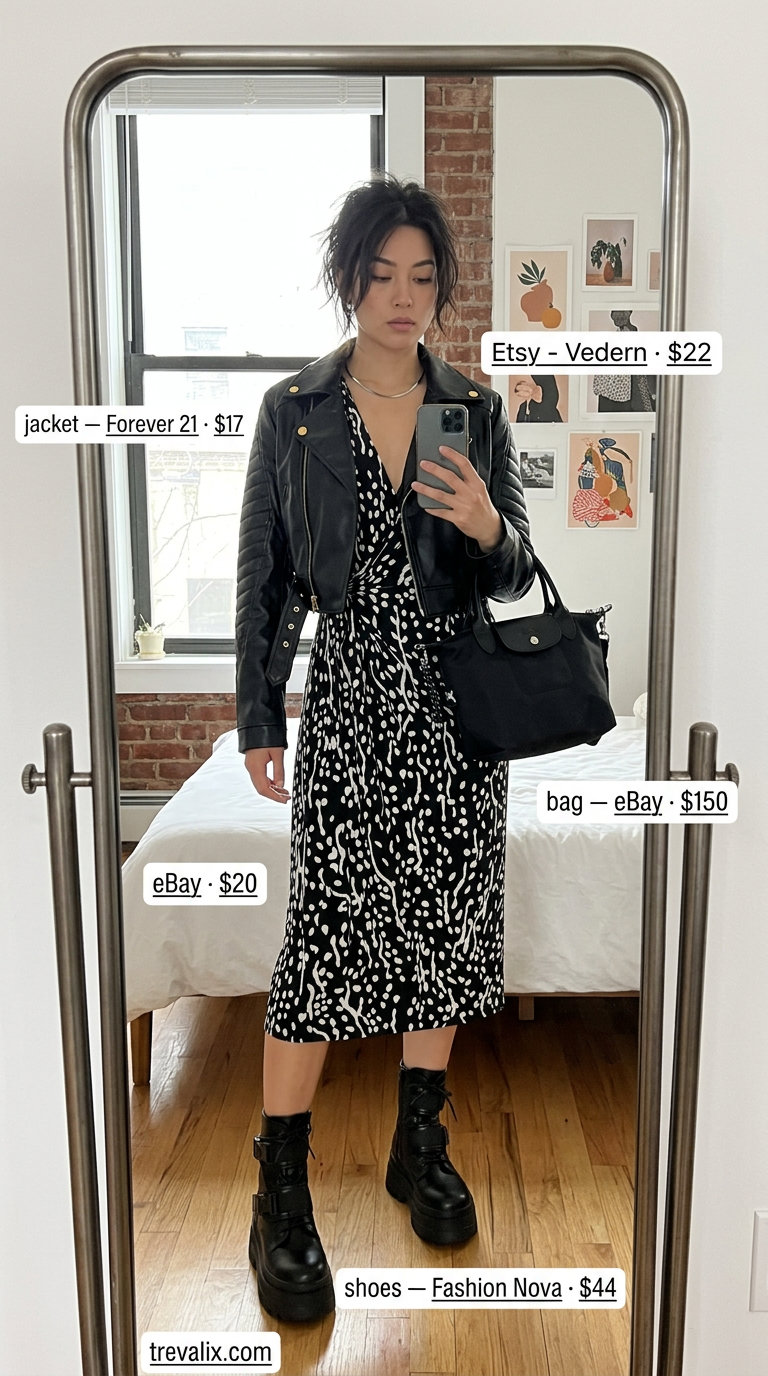 Elegant summer wrap dress outfits 2026: Abstract print midi wrap dress, moto jacket, combat boots for edgy art look.