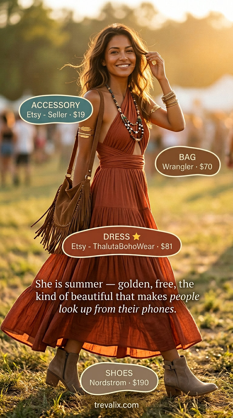 Elegant summer wrap dress outfits 2026: Earth-toned paisley maxi wrap dress, suede boots, layered necklaces for a boho festival look.