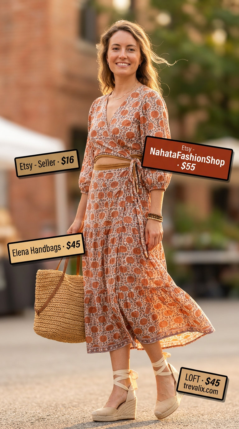 Elegant summer wrap dress outfits 2026: Rust floral maxi wrap dress with espadrille wedges and straw tote for festivals.