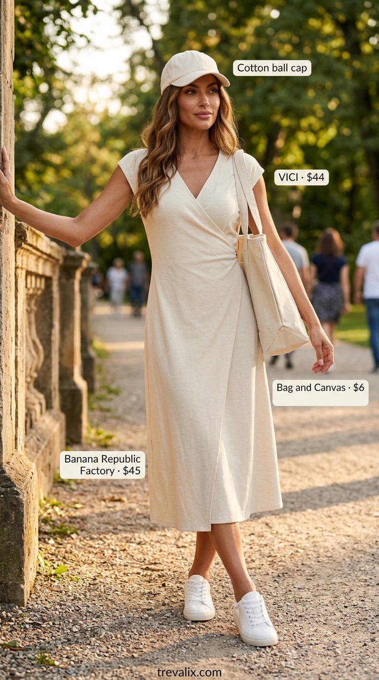 Elegant summer wrap dress outfits 2026: Cream jersey wrap dress with white sneakers, canvas tote, and baseball cap for casual outings.