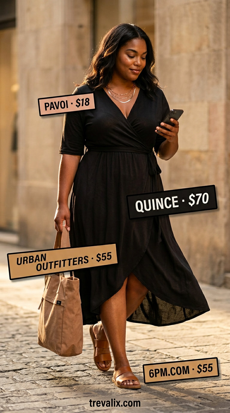 Elegant summer wrap dress outfits 2026: Denim blue wrap dress with flat sandals, tote, and layered necklaces for casual days.