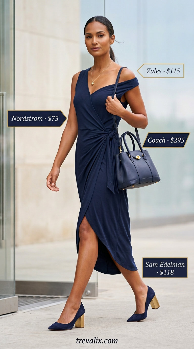 Elegant summer wrap dress outfits 2026: Navy wrap dress with block heels, satchel, and pendant necklace for office wear.