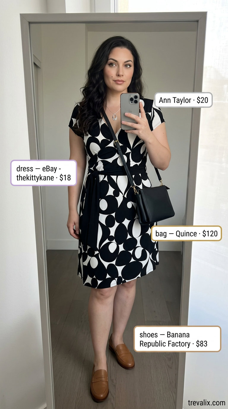 Elegant summer wrap dress outfits 2026: Black & white geometric wrap dress with loafers, crossbody bag, and silver necklace for city trips.