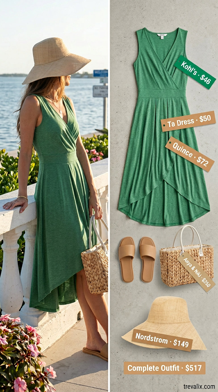 Elegant summer wrap dress outfits 2026: Sage green wrap dress with straw hat, tote, and slide sandals for coastal days.